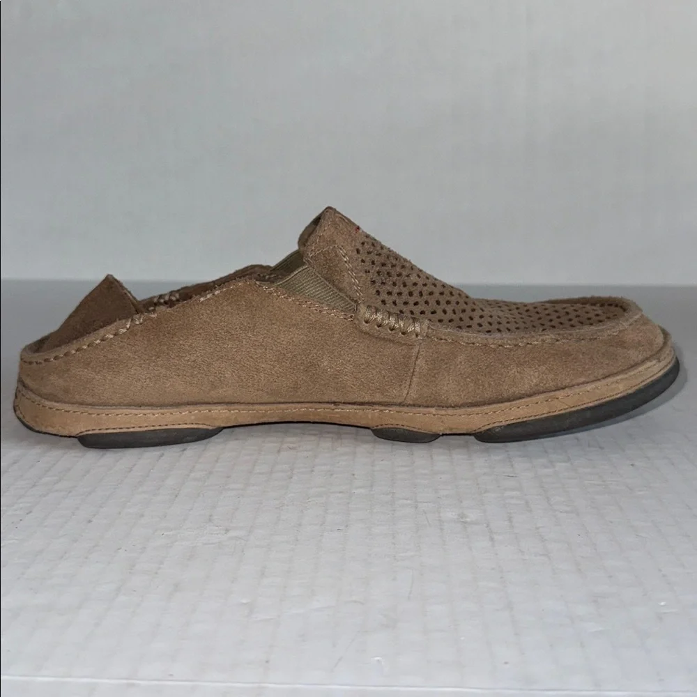OluKai Moloa Kahana Light Brown Perforated Leather Slip On Loafers